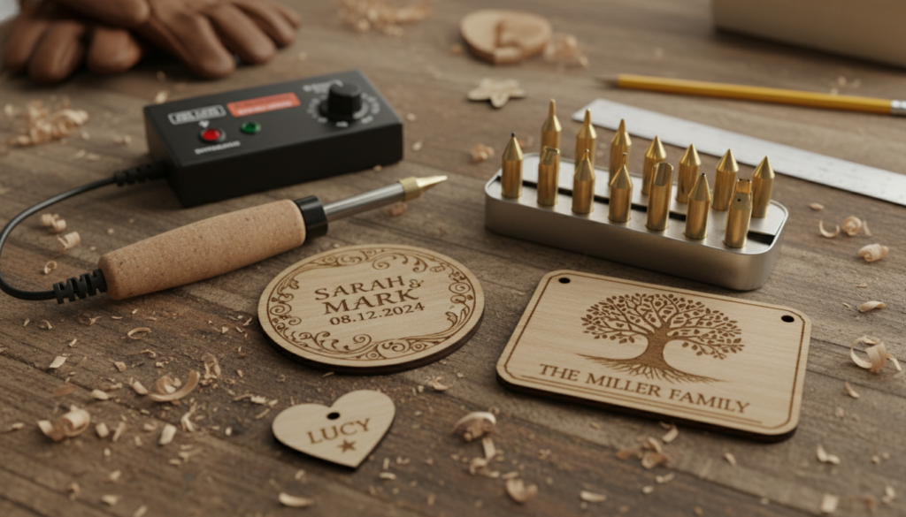 wood burning tools and engraved wooden items