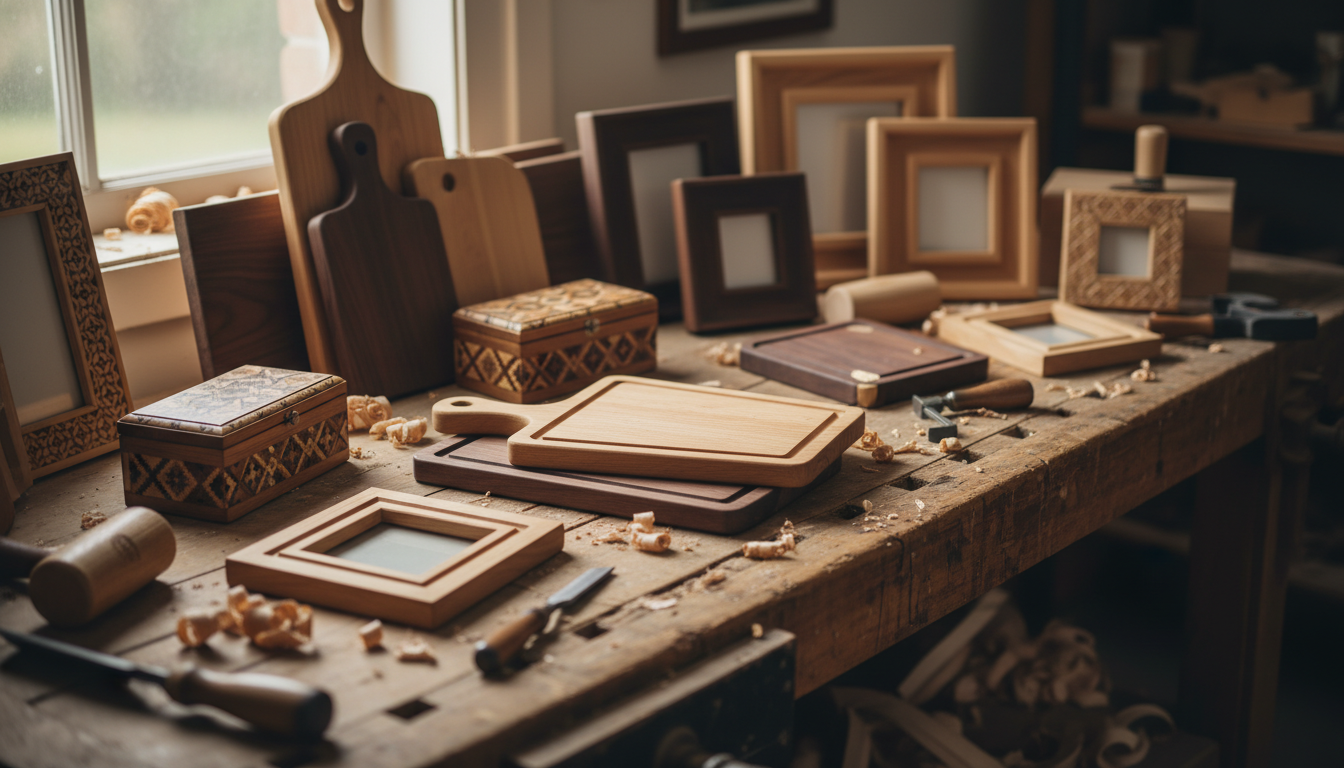 wood projects that sell displayed on rustic wooden table with tools