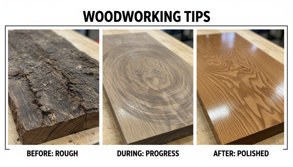 wood surface showing progression from rough to smooth finish through sanding stages