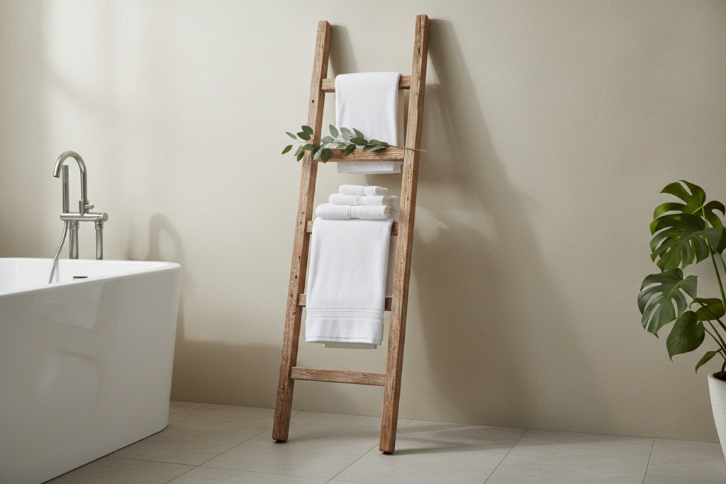 wooden bathroom towel ladder leaning against wall