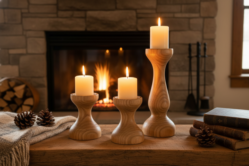 wooden candle holders on mantle