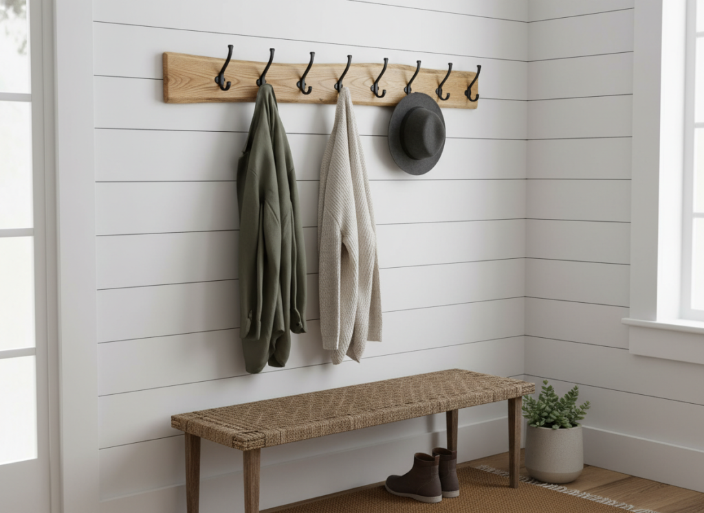 wooden coat rack mounted near entryway