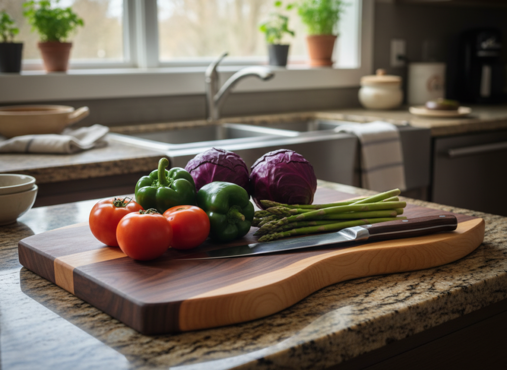 wooden cutting board with kitchen utensils