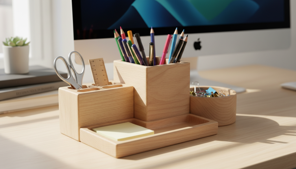 wooden desk organizer with compartments and supplies