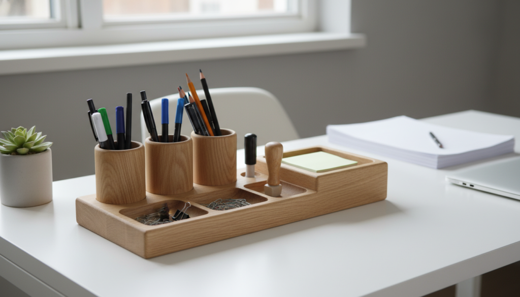 wooden desk organizer with office supplies
