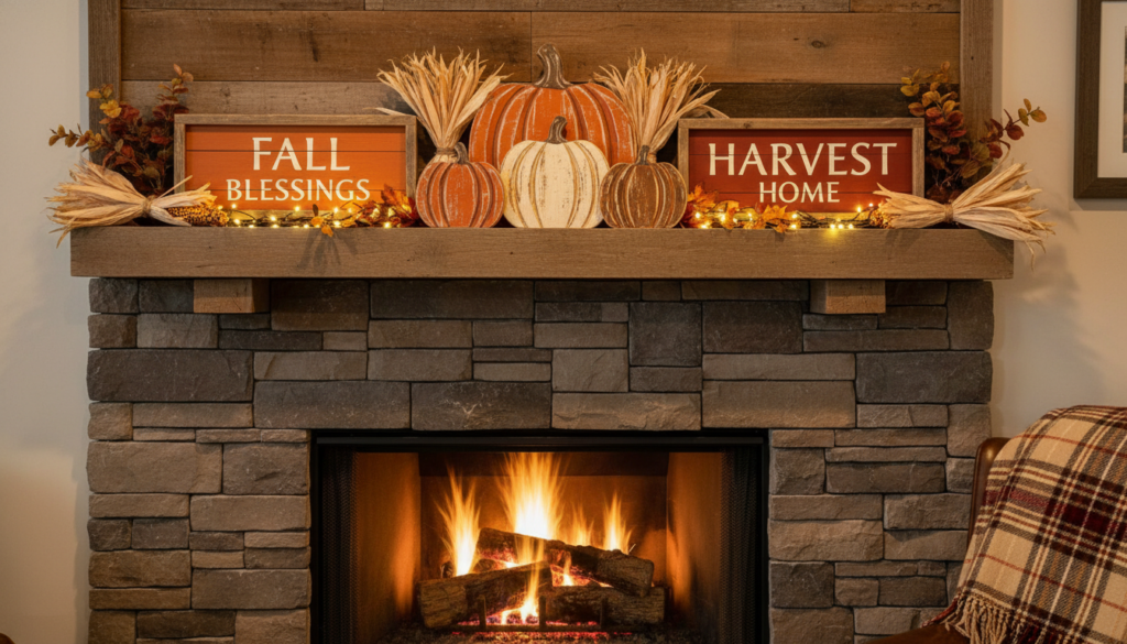wooden fall decor arrangement on mantel