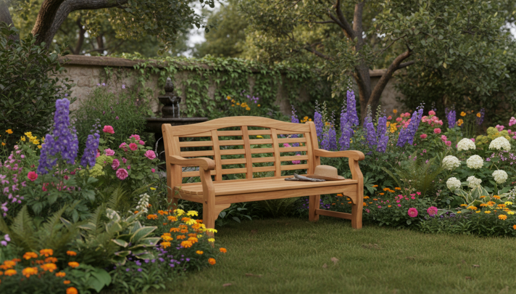 wooden garden bench in backyard setting