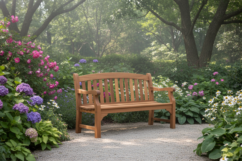 wooden garden bench in backyard setting among flowers and greenery