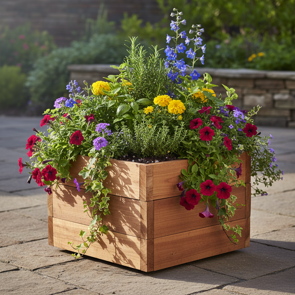 wooden garden planter box filled with colorful flowers and herbs