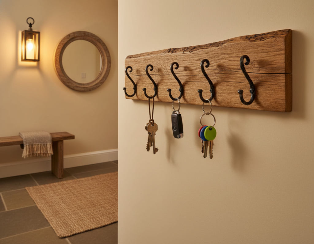 wooden key holder mounted in entryway