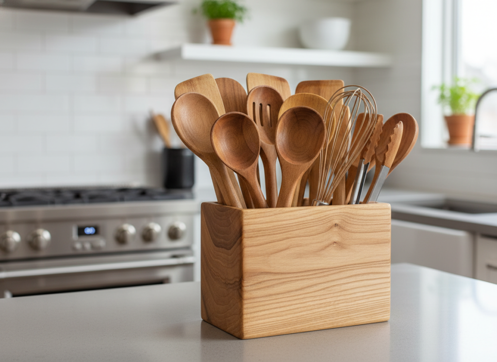 wooden kitchen utensil holder on countertop