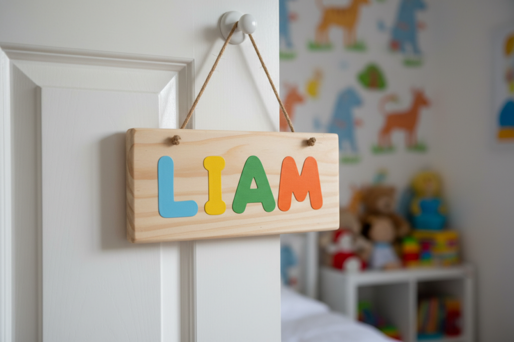 wooden name sign hanging on bedroom door