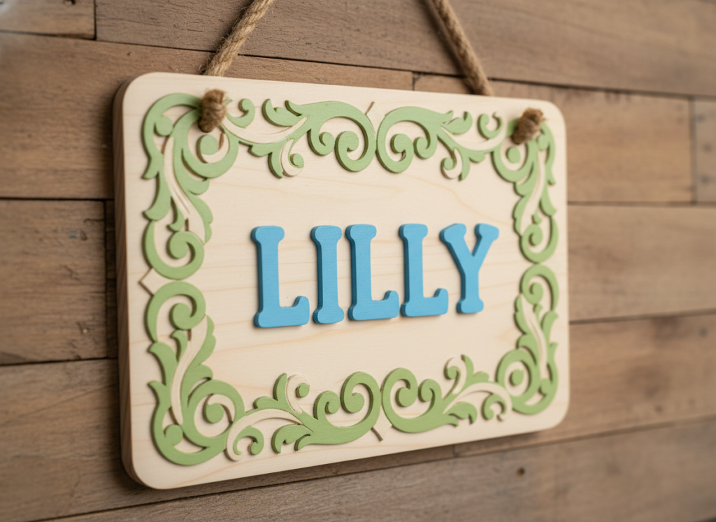 wooden name sign with carved letters