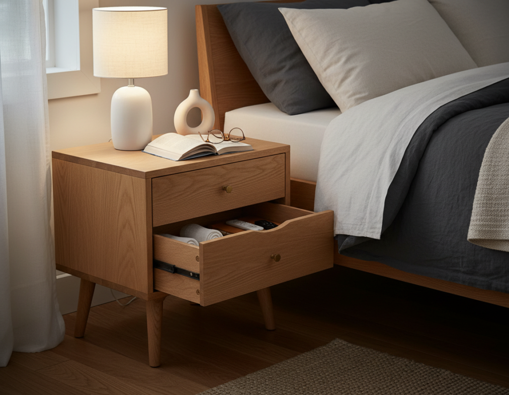 wooden nightstand next to bedroom bed
