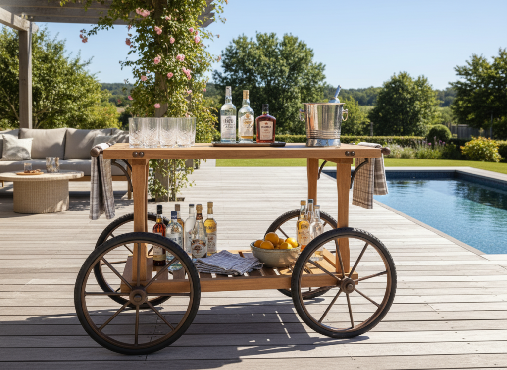 wooden outdoor bar cart on patio