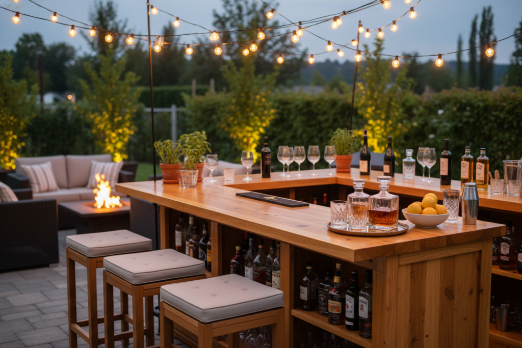wooden outdoor bar on a patio ready for entertaining