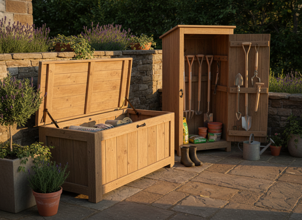 wooden outdoor storage bench and shed on a patio