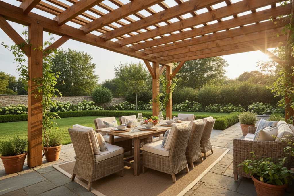 wooden pergola structure creating shade over an outdoor patio area