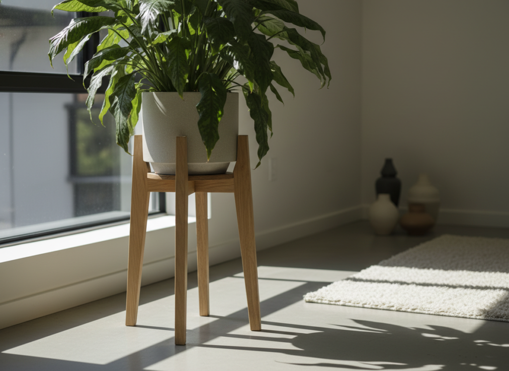 wooden plant stand with potted plant