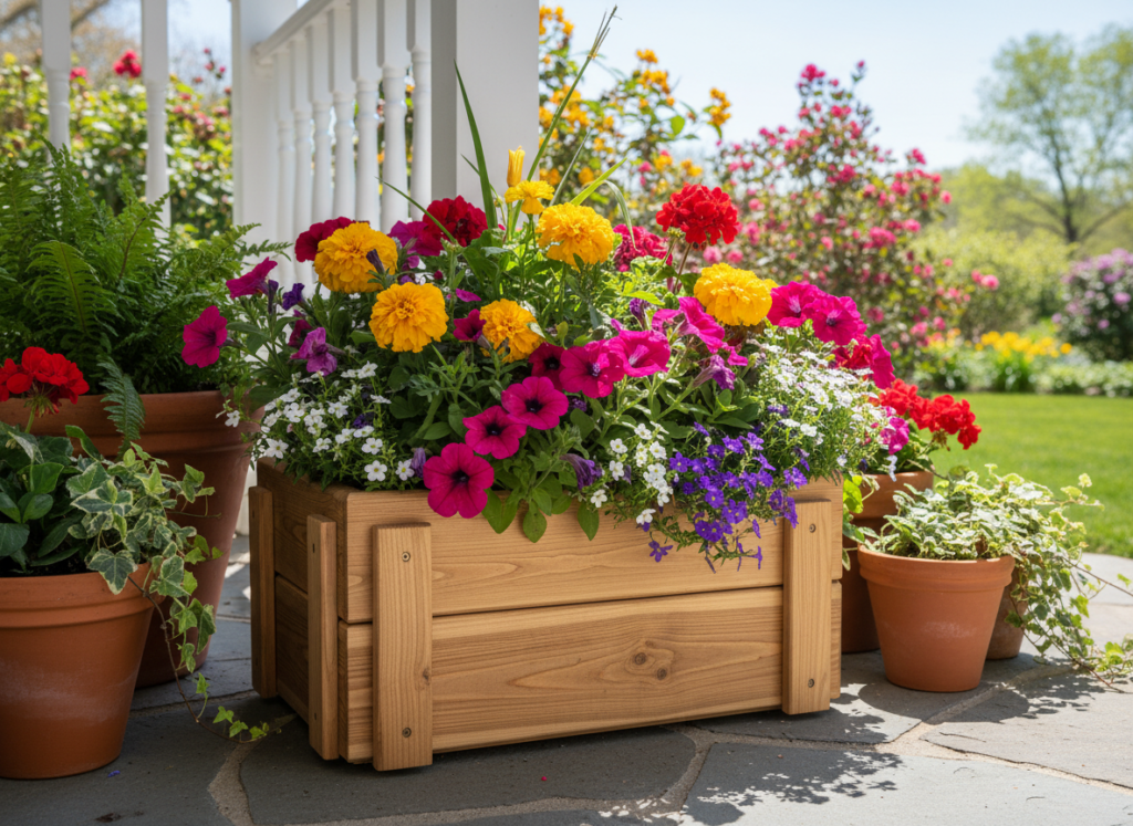 wooden planter box with flowers on porch