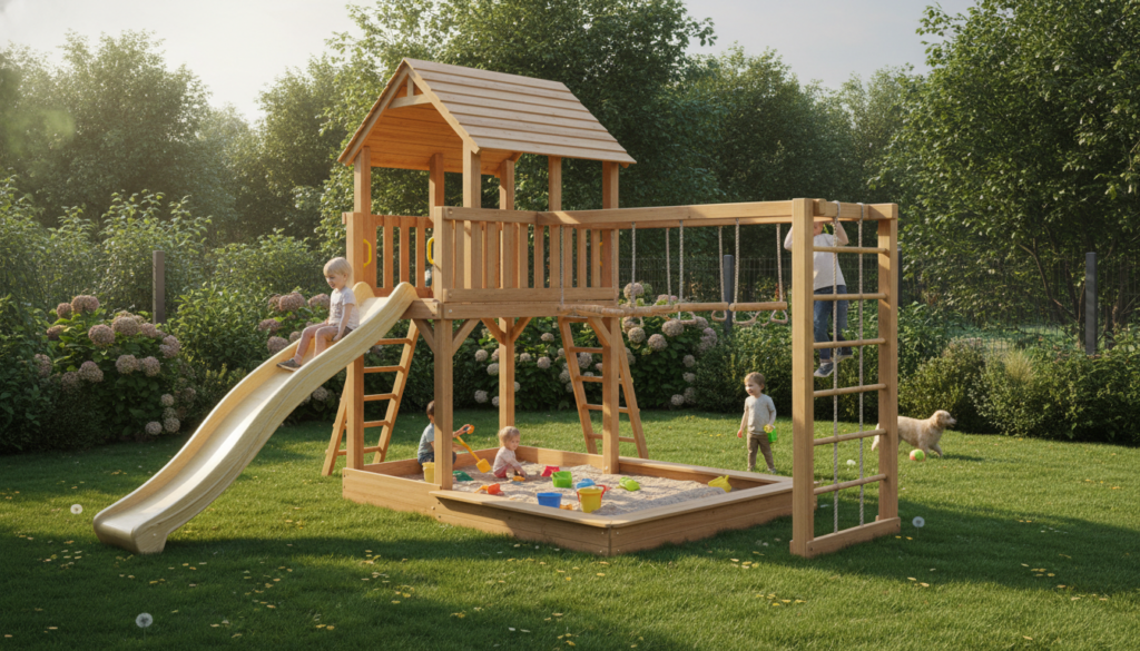wooden play structure and sandbox in a backyard