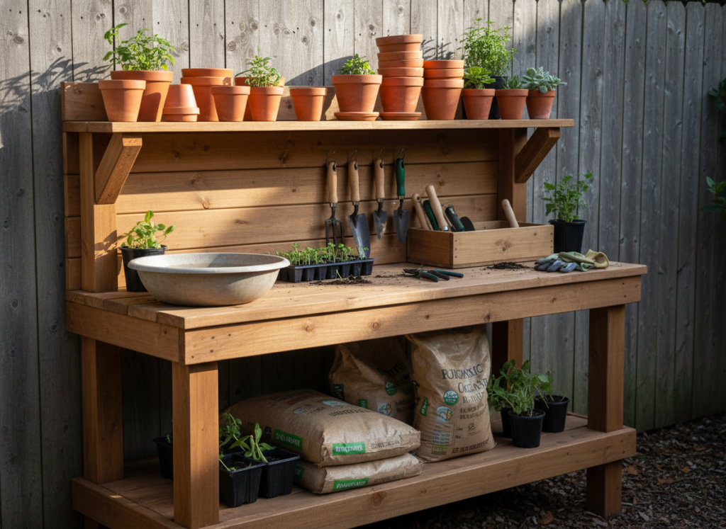 wooden potting bench with shelves and workspace for gardening