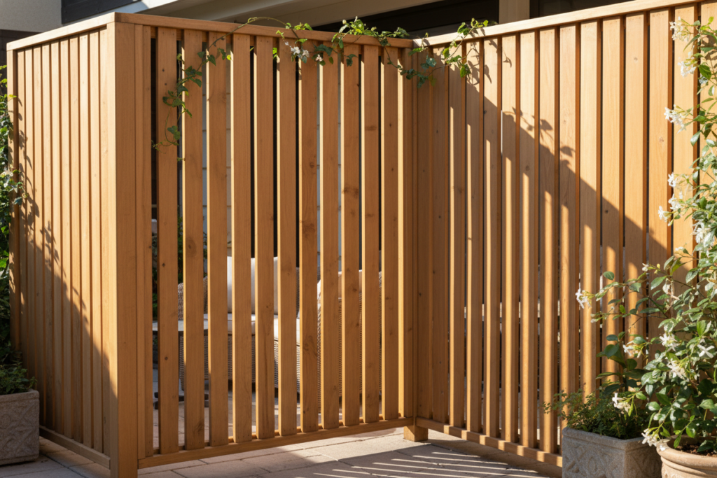 wooden privacy screen creating a secluded area on a patio