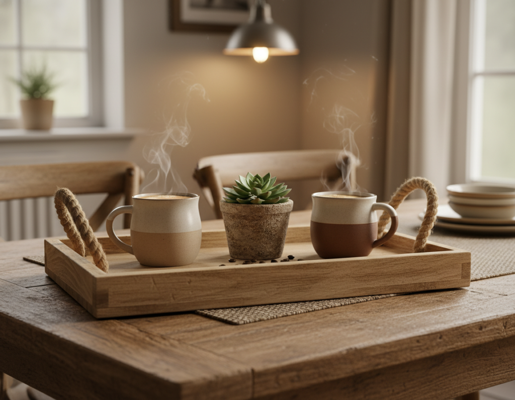 wooden serving tray with handles on dining table