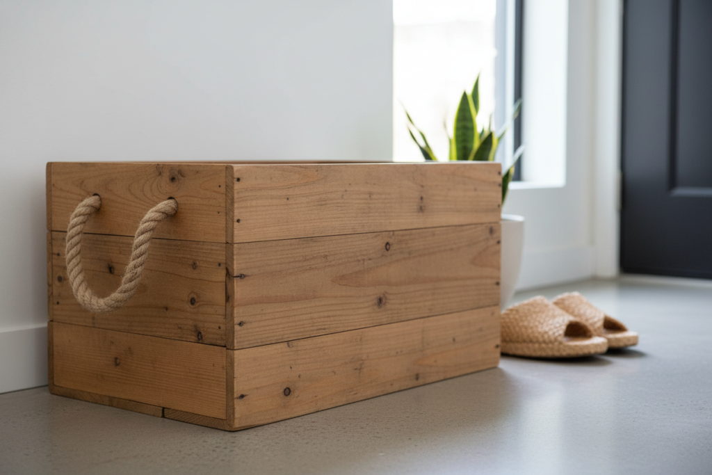 wooden storage box with rope handles
