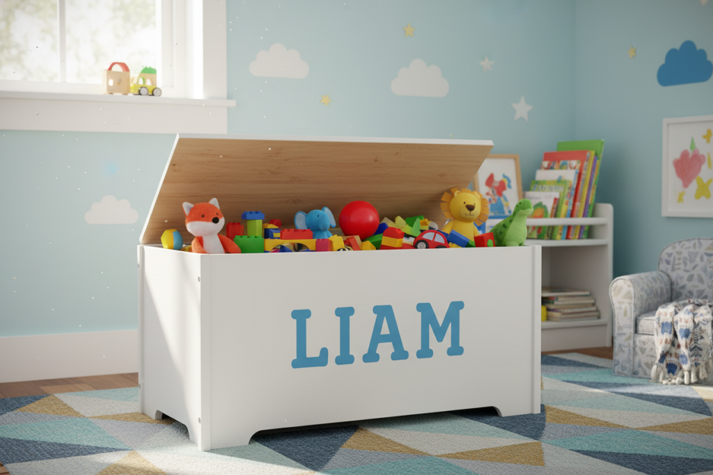 wooden toy storage box with child's name