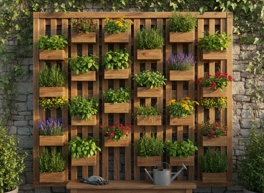 wooden vertical garden structure with plants growing on wall