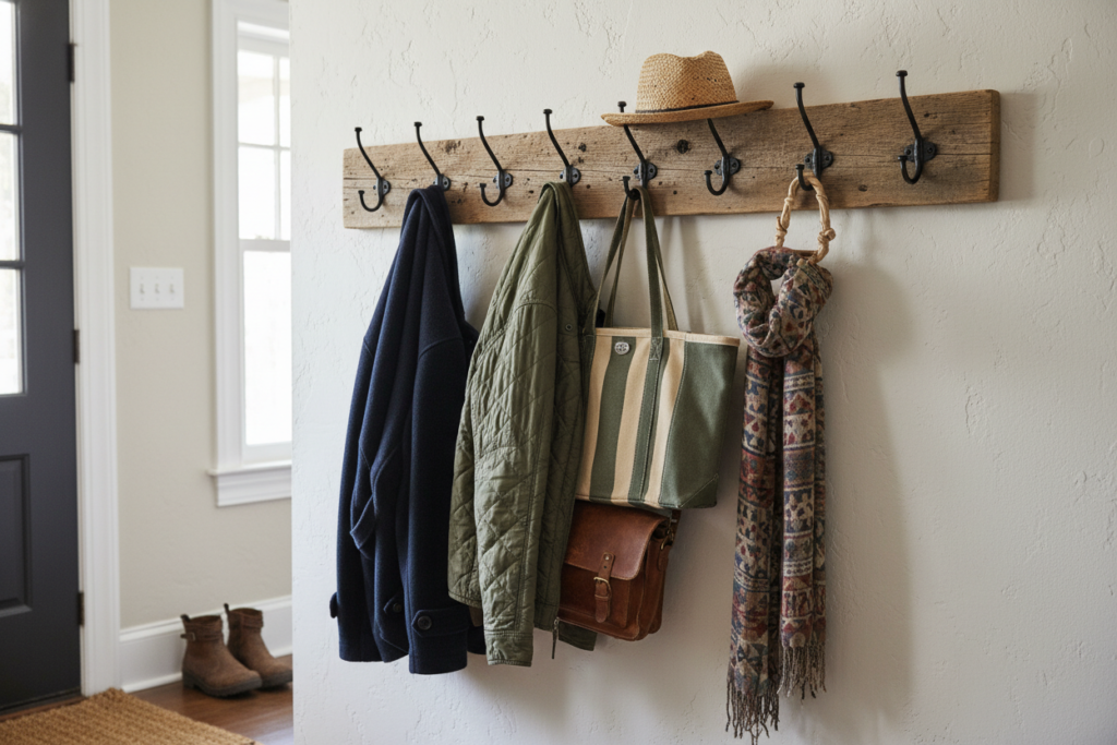 wooden wall-mounted coat rack with metal hooks