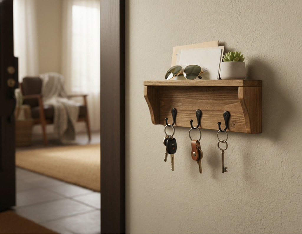 wooden wall-mounted key holder near entrance