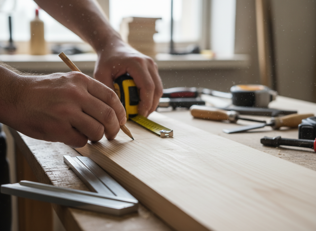 woodworker carefully measuring board before cutting