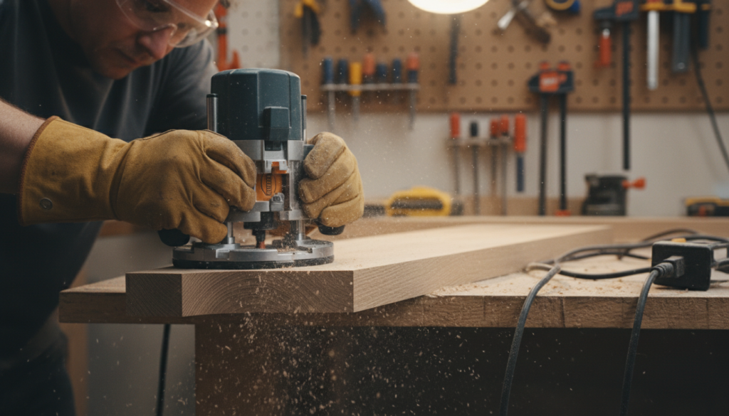 woodworker using router tool on project